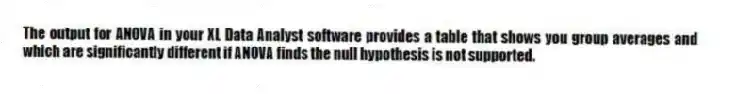 The output for ANOVA in your XL Data Analyst software provides a table that shows you group averages and which are significantly different if ANOVA finds the null hypothesis is not supported.