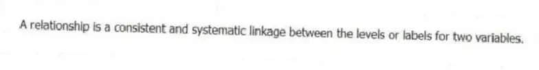 A relationship is a consistent and systematic linkage between the levels or labels for two variables.