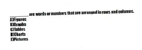 ________ are words or numbers that are arranged in rows and columns.
A)Figures
B)Graphs
C)Tables
D)Charts
E)Pictures