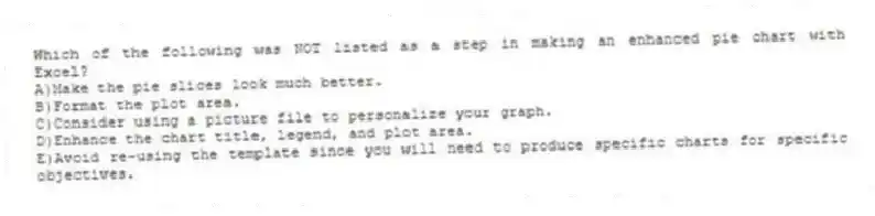 Which of the following was NOT listed as a step in making an enhanced pie chart with Excel?
A)Make the pie slices look much better.
B)Format the plot area.
C)Consider using a picture file to personalize your graph.
D)Enhance the chart title, legend, and plot area.
E)Avoid re-using the template since you will need to produce specific charts for specific objectives.