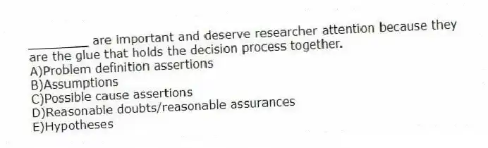 ________ are important and deserve researcher attention because they are the glue that holds the decision process together.
A)Problem definition assertions
B)Assumptions
C)Possible cause assertions
D)Reasonable doubts/reasonable assurances
E)Hypotheses