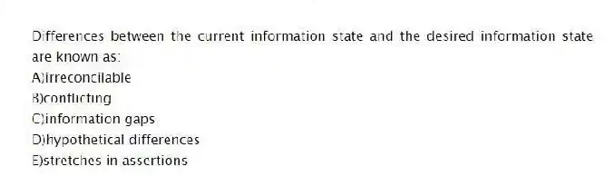 Differences between the current information state and the desired information state are known as:
A)irreconcilable
B)conflicting
C)information gaps
D)hypothetical differences
E)stretches in assertions