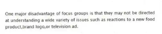 One major disadvantage of focus groups is that they may not be directed at understanding a wide variety of issues such as reactions to a new food product,brand logo,or television ad.