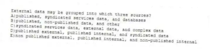 External data may be grouped into which three sources?
A)published, syndicated services data, and databases
B)published, non-published data, and other
C)syndicated services data, external data, and complex data
D)published external, published internal, and syndicated data
E)non published external, published internal, and non-published internal