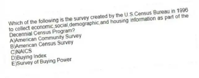 Which of the following is the survey created by the U.S.Census Bureau in 1996 to collect economic,social,demographic,and housing information as part of the Decennial Census Program?
A)American Community Survey
B)American Census Survey
C)NAICS
D)Buying Index
E)Survey of Buying Power