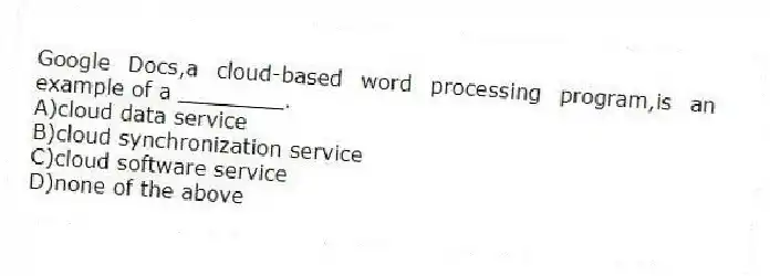 Google Docs,a cloud-based word processing program,is an example of a ________.
A)cloud data service
B)cloud synchronization service
C)cloud software service
D)none of the above