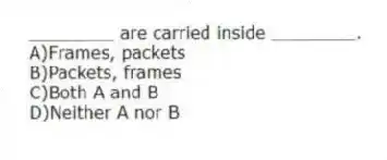 ________ are carried inside ________.
A)Frames, packets
B)Packets, frames
C)Both A and B
D)Neither A nor B