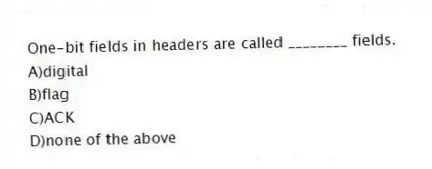 One-bit fields in headers are called ________ fields.
A)digital
B)flag
C)ACK
D)none of the above