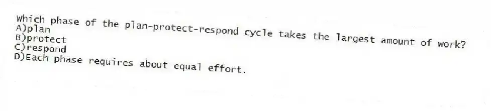 Which phase of the plan-protect-respond cycle takes the largest amount of work?
A)plan
B)protect
C)respond
D)Each phase requires about equal effort.