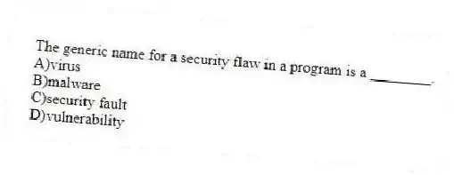 The generic name for a security flaw in a program is a ________.
A)virus
B)malware
C)security fault
D)vulnerability