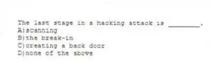 The last stage in a hacking attack is ________.
A)scanning
B)the break-in
C)creating a back door
D)none of the above