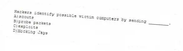Hackers identify possible victim computers by sending ________.
A)scouts
B)probe packets
C)exploits
D)Mocking Jays