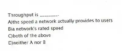 Throughput is ________.
A)the speed a network actually provides to users
B)a network's rated speed
C)both of the above
D)neither A nor B