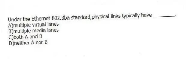 Under the Ethernet 802.3ba standard,physical links typically have ________.
A)multiple virtual lanes
B)multiple media lanes
C)both A and B
D)neither A nor B