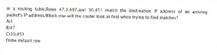 In a routing table,Rows 47,3,497,and 30,451 match the destination IP address of an arriving packet's IP address.Which row will the router look at first when trying to find matches?
A)1
B)47
C)30,451
D)the default row