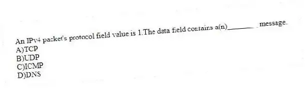 An IPv4 packet's protocol field value is 1.The data field contains a(n)________ message.
A)TCP
B)UDP
C)ICMP
D)DNS