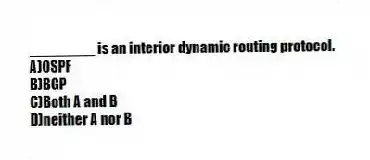 ________ is an interior dynamic routing protocol.
A)OSPF
B)BGP
C)Both A and B
D)neither A nor B