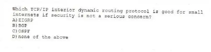 Which TCP/IP interior dynamic routing protocol is good for small internets if security is not a serious concern?
A)EIGRP
B)BGP
C)OSPF
D)none of the above