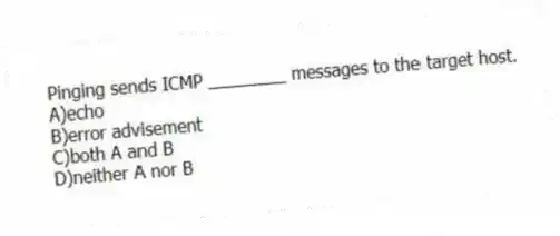 Pinging sends ICMP ________ messages to the target host.
A)echo
B)error advisement
C)both A and B
D)neither A nor B