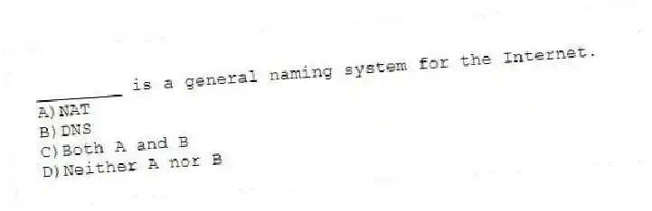 ________ is a general naming system for the Internet.
A)NAT
B)DNS
C)Both A and B
D)Neither A nor B