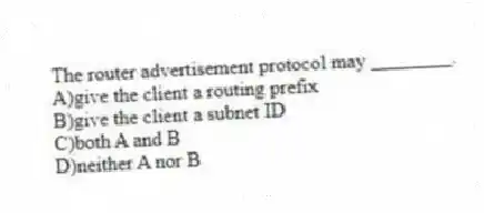 The router advertisement protocol may ________.
A)give the client a routing prefix
B)give the client a subnet ID
C)both A and B
D)neither A nor B