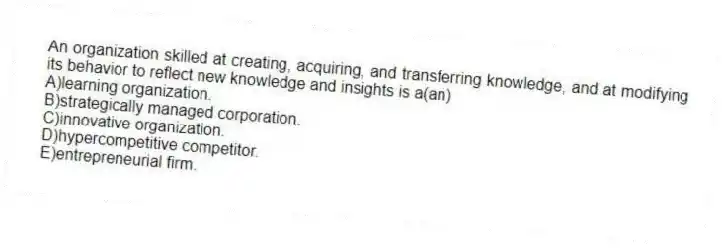 An organization skilled at creating, acquiring, and transferring knowledge, and at modifying its behavior to reflect new knowledge and insights is a(an)
A)learning organization.
B)strategically managed corporation.
C)innovative organization.
D)hypercompetitive competitor.
E)entrepreneurial firm.