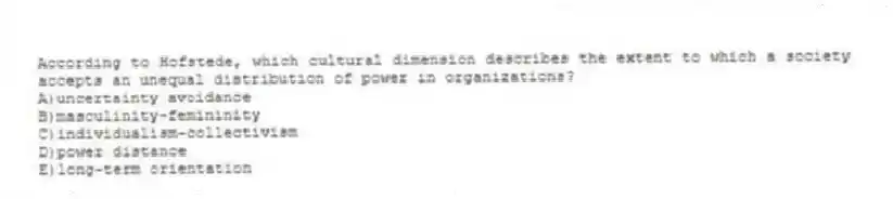According to Hofstede, which cultural dimension describes the extent to which a society accepts an unequal distribution of power in organizations?
A)uncertainty avoidance
B)masculinity-femininity
C)individualism-collectivism
D)power distance
E)long-term orientation