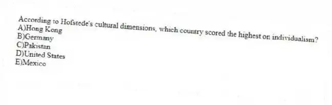 According to Hofstede's cultural dimensions, which country scored the highest on individualism?
A)Hong Kong
B)Germany
C)Pakistan
D)United States
E)Mexico