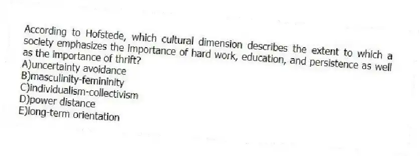 According to Hofstede, which cultural dimension describes the extent to which a society emphasizes the importance of hard work, education, and persistence as well as the importance of thrift?
A)uncertainty avoidance
B)masculinity-femininity
C)individualism-collectivism
D)power distance
E)long-term orientation
