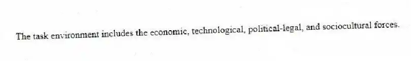 The task environment includes the economic, technological, political-legal, and sociocultural forces.