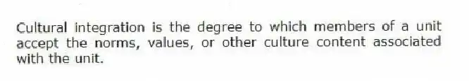 Cultural integration is the degree to which members of a unit accept the norms, values, or other culture content associated with the unit.