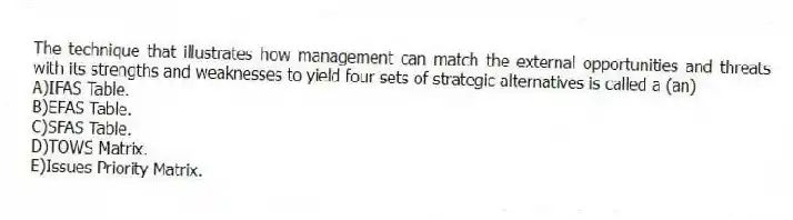 The technique that illustrates how management can match the external opportunities and threats with its strengths and weaknesses to yield four sets of strategic alternatives is called a (an)
A)IFAS Table.
B)EFAS Table.
C)SFAS Table.
D)TOWS Matrix.
E)Issues Priority Matrix.