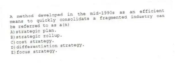 A method developed in the mid-1990s as an efficient means to quickly consolidate a fragmented industry can be referred to as a(n)
A)strategic plan.
B)strategic rollup.
C)cost strategy.
D)differentiation strategy.
E)focus strategy.