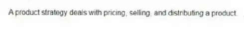 A product strategy deals with pricing, selling, and distributing a product.