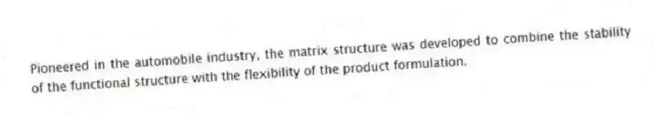 Pioneered in the automobile industry, the matrix structure was developed to combine the stability of the functional structure with the flexibility of the product formulation.
