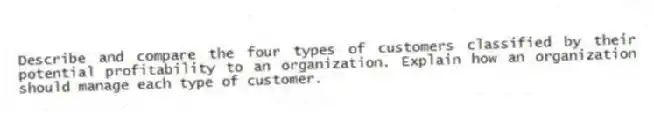 Describe and compare the four types of customers classified by their potential profitability to an organization. Explain how an organization should manage each type of customer.