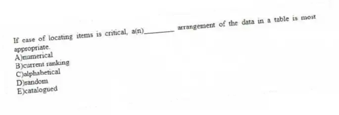 If ease of locating items is critical, a(n)________ arrangement of the data in a table is most appropriate.
A)numerical
B)current ranking
C)alphabetical
D)random
E)catalogued
