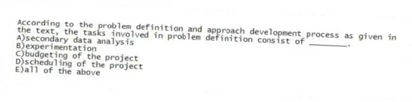 According to the problem definition and approach development process as given in the text, the tasks involved in problem definition consist of ________.
A)secondary data analysis
B)experimentation
C)budgeting of the project
D)scheduling of the project
E)all of the above