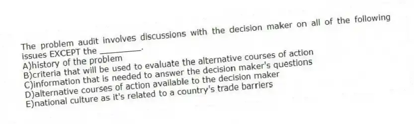 The problem audit involves discussions with the decision maker on all of the following issues EXCEPT the ________.
A)history of the problem
B)criteria that will be used to evaluate the alternative courses of action
C)information that is needed to answer the decision maker's questions
D)alternative courses of action available to the decision maker
E)national culture as it's related to a country's trade barriers