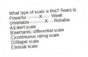 What type of scale is this? Sears is:
Powerful -:-:-:-:-X-:-:-: Weak
Unreliable -:-:-:-:-:-X-:-: Reliable
A)Likert scale
B)semantic differential scale
C)continuous rating scale
D)Stapel scale
E)visual scale