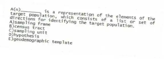 A(n)________ is a representation of the elements of the target population, which consists of a list or set of directions for identifying the target population.
A)sampling frame
B)census tract
C)sampling unit
D)hypothesis
E)geodemographic template