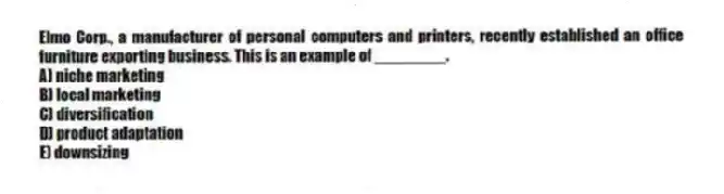 Elmo Corp., a manufacturer of personal computers and printers, recently established an office furniture exporting business. This is an example of ________.
A) niche marketing
B) local marketing
C) diversification
D) product adaptation
E) downsizing