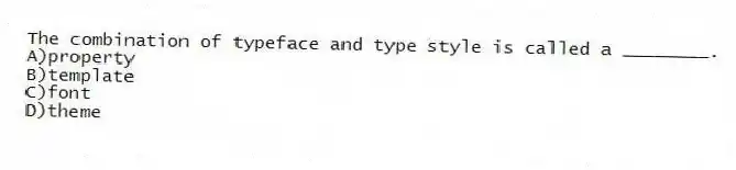 The combination of typeface and type style is called a ________.
A)property
B)template
C)font
D)theme