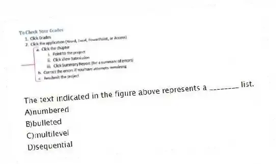 
The text indicated in the figure above represents a ________ list.
A)numbered 
B)bulleted 
C)multilevel 
D)sequential
