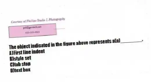 The object indicated in the figure above represents a(n)________.
A)First line indent
B)style set
C)tab stop
D)text box