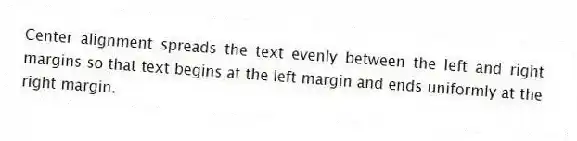 Center alignment spreads the text evenly between the left and right margins so that text begins at the left margin and ends uniformly at the right margin.