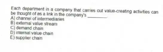 Each department in a company that carries out value-creating activities can be thought of as a link in the company's ________.
A) channel of intermediaries
B) external value stream
C) demand chain
D) internal value chain
E) supplier chain