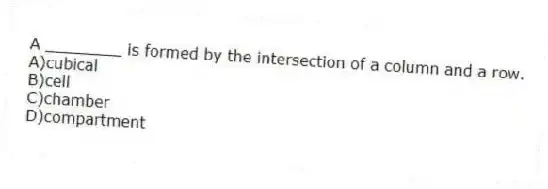 A ________ is formed by the intersection of a column and a row.
A)cubical
B)cell
C)chamber
D)compartment