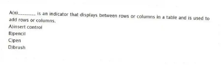 A(n)________ is an indicator that displays between rows or columns in a table and is used to add rows or columns.
A)insert control
B)pencil
C)pen
D)brush