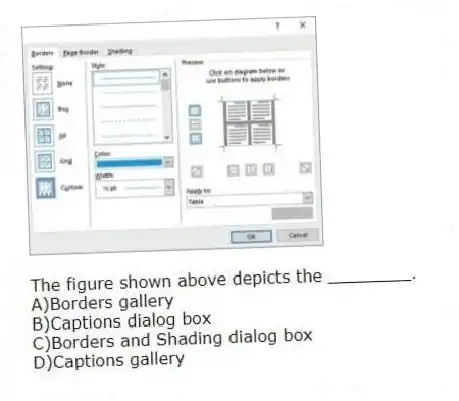 The figure shown above depicts the ________.
A)Borders gallery
B)Captions dialog box
C)Borders and Shading dialog box
D)Captions gallery